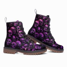 These extremely comfortable classic boots with a high quality print are made to last and to impress. Designed for fashion people, stylish and personalized. Perfect for everyday wearing and to show a unique sense of style.. - The Upper Made of PU leather (synthetic leather), the sole made of rubber.- Soft PU make it comfortable and soft. Size Chart Purple Punk Boots With Round Toe, Purple Lace-up Boots For Streetwear, Purple Round Toe Boots For Streetwear, Casual Purple Boots For Streetwear, Casual Purple Leather Boots, Black Skulls, Classic Boots, Fashion People, Pink And Black