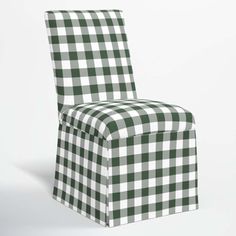 a green and white checkered upholstered chair with the back turned to look like it is sitting in front of a white background