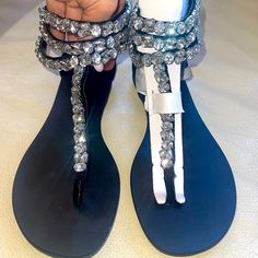 Stunning Pair Of Statement Flats. Silver Embellished Sandals With Single Toe Strap, Silver Embellished Flat Sandals, Spring Silver Sandals With Bling, Silver Bling Sandals For Spring, Silver Ankle Strap Sandals With Bling, Silver Sandals With Bling And Ankle Strap, Silver Flat Sandals For Evening, Silver Flat Sandals With Bling, Adjustable Embellished Silver Sandals