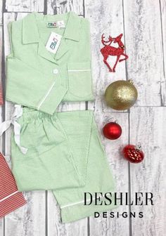 "Monogrammed Christmas Pajamas by Deshler Designs LIMITED INVENTORY: Darling Christmas pajamas for women! Get ready to lounge in style this holiday season! Availability: Green Seersucker (striped) PJs Pants Sets (Long Pants and Long Sleeve Top) Shorts Sets (Shorts and Short sleeve top) Sleep Shirts Scallop Shorts Straight-edge Shorts Pants Only Price includes one monogram! Seersucker pajamas are classic, comfortable and chic. Add your choice of monogram color and placement! Sizing is true to siz Festive Winter Cotton Sleepwear, Christmas Cotton Sleepwear For Bedtime, Festive Cotton Sleepwear For Christmas, Festive Cotton Christmas Sleepwear, Festive Christmas Cotton Sleepwear, Winter Holiday Cotton Sleepwear, Green Cotton Christmas Sets, Green Cotton Sets For Holiday, Cotton Christmas Sleepwear For Sleepovers