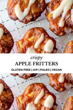 apple fritters on a cooling rack with glaze and icing in them