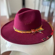 Never Used Burgundy Boho Hat Burgundy Wide Brim Hat For Summer, Burgundy Summer Hat With Curved Brim, Summer Burgundy Hat With Curved Brim, Burgundy Curved Brim Summer Hat, Summer Burgundy Curved Brim Hat, Red Felt Hat With Curved Brim, Red Felt Hat With Curved Brim, One Size, Adjustable Burgundy Fall Hat, Adjustable Burgundy Hat For Fall