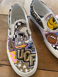 Custom and personalized UCF sneakers. These include lacrosse, football and UCF logos Due to the freehand nature of the artwork on each shoe, no two pairs will be exactly the same. Elements will be similar but may not always appear exactly as they are in the photos, unless specifically requested. Painted Vans, University Of Central Florida, Shoe Designs, Custom Football, Shoe Inspo, Custom Sneakers, Painted Shoes, Central Florida, Fort Lauderdale