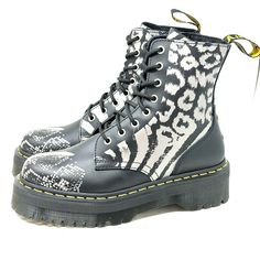 Dr. Martens Jadon Animal Clash Leather Platform Unisex Stunning Boots. Color: Black / Grey Model: Jadon Animal Clash Style: Platform Lace-Up / In Side Zipper Closure 8 Eyelets Lace Up Upper Material: Leather Nib Black High-top Combat Boots With Leather Footbed, Black Synthetic Platform Moto Boots, Black Synthetic Moto Boots With Platform, Black Combat Boots With Studded Outsoles, Black Synthetic Boots With Leather Footbed, Casual Black Platform Boots With Studded Outsoles, Black Moto Boots With Leather Footbed For Streetwear, Black Lace-up Boots With Studded Rubber Outsoles, Black Lace-up Boots With Studded Outsoles