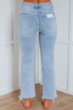 Details: Millie Risen Jeans High Rise Minimum Distressing Light Fading/Whiskering Straight Leg with Slight Flare Raw Edge Frayed Hems Zip Fly Button Closure Great Stretch Available in 2 Washes Rise: 10" Inseam: 27.5" Leg Opening: 16" Material: 73% Cotton, 25% Polyester, and 2% Spandex We are recommending true to size! 1XL - Sizes (16-18) 2XL - Sizes (18-20) 3XL - Sizes (20-22) Risen Jeans, Athleisure Shorts, Cute Jeans, Outfit Inspo Fall, Outfit Goals, Light Wash Jeans, Top Sales, Dream Clothes, Cardigan Jacket