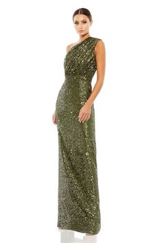 Olive green one shoulder gown featuring sequin embellished silhouette and pleated detail. - Aza Fashions Wedding Dress Code Guide, Dress Code Guide, Formal Wedding Guest Dress, Dress Code Wedding, Trumpet Gown, One Shoulder Gown, Formal Dresses Gowns, Column Gown, Sequin Gown