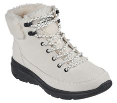 Stay warm throughout the season with Skechers On-the-GO Glacial Ultra - Woodlands. This casual cold-weather boot features a suede upper with sherpa lining, Skechers Air-Cooled Goga Mat insole and lightweight ULTRA GO cushioning. | Skechers Women's On-the-GO Glacial Ultra - Woodlands Boots White Ankle Boots, Fabric Boots, Cold Weather Boots, Skechers Women, Skechers Shoes, Soft Suede, Lace Boots, Athletic Women, Lace Up Shoes