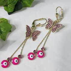 So Cute Gold Filled Lever Close Hot Pink Evil Eye Pink Crystal Butterflies New #35 Boho Bohemian Hippie Gypsy Casual Dressy Wedding Pink Butterfly Charm Earrings, Pink Earrings With Dangling Charms, Pink Dangling Charms Drop Earrings, Pink Butterfly Charm Drop Earrings, Pink Butterfly Charm Dangle Jewelry, Pink Dangle Jewelry With Butterfly Charm, Pink Drop Earrings With Butterfly Charm, Pink Drop Earrings With Dangling Charms, Pink Butterfly Charm Earrings For Gift