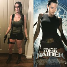 a woman standing in front of a poster for the movie tomb hunter with her hands on her hips