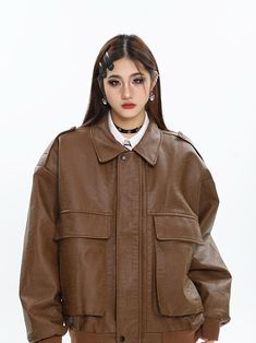 Size(cm) Length Shoulder Bust Sleeve M 69 60 128 57 L 70 62 132 58 XL 71 64 136 59 Size: M L XL Color classification: brown Year Season: Winter 2022 Sleeve length: long sleeve shirt length: Medium Material composition: other materials Winter Streetwear Outerwear With Buttoned Pockets, Classic Brown Solid Color Outerwear, Button-up Fall Outerwear For Streetwear, Button-up Outerwear For Streetwear In Fall, Winter Collared Leather Jacket With Snap Buttons, Collared Leather Jacket With Snap Buttons For Winter, Leather Jacket With Lapel Collar And Pockets For Fall, Fall Long Sleeve Biker Jacket With Snap Buttons, Casual Winter Leather Jacket With Button Closure