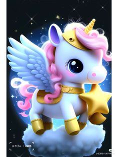 a cute little pony with wings sitting on top of a cloud in the night sky