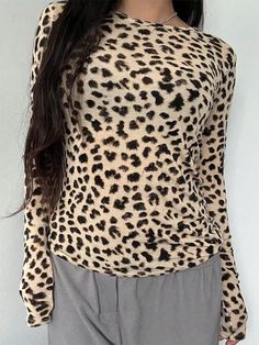 Women's Leopard Print Long Sleeve Street Fashion T-Shirt Multicolor Casual  Long Sleeve Knitted Fabric Leopard Print,All Over Print,Textured Pattern  High Stretch  Women Clothing, size features are:Bust: ,Length: ,Sleeve Length: Snow Leopard Shirt, Moda Streetwear, Leopard Shirt, Streetwear Mode, Fashion T Shirt, Women's Shapewear, Snow Leopard, Long Sleeve Tees Women, Mode Streetwear