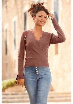 This beautiful sweater with scalloped details will keep you warm and fashionable. Chic Knit V-neck Sweater For Spring, Chic Stretch V-neck Sweater For Spring, Chic Spring Stretch V-neck Sweater, Chic V-neck Stretch Sweater, Chic Stretch V-neck Sweater, V-neck Soft Knit Sweater For Day Out, Soft Knit V-neck Sweater For Day Out, Chic Sweater For Day Out, Beautiful Sweater