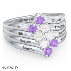 This unique and elegant ring symbolizes a family’s love flowing together. The wave design supports eight sparkling gemstones of your choice and each wave can be engraved with a loved one’s name. Personalize yours in sterling silver, yellow, white, or rose gold. Elegant Silver Rings With Names, Elegant Sterling Silver Rings With Names, Rings With Gemstones, Mom Ring, Mother Rings, Mens Engagement, Wave Ring, Wave Design, Elegant Ring