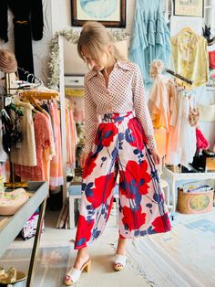 1960's Mod Red, White & Blue Floral Print Textured Cotton High Waist Wide Leg Pants Fit: XS  Waist: 23/24" Hips: 40" Length: 37.5" Inseam: 24.5" Rise: 13.5" Condition: Good Vintage Condition. There is some sun fading.  All sales are final.  Thank for for shopping small + sustainable ❤️ Retro Wide-leg Pants For Spring, Retro Spring Wide-leg Pants, Retro Wide Leg Pants For Spring, Retro Spring Workwear Bottoms, Retro Wide Leg Full Length Pants For Spring, Chic Red Floral Print Bottoms, Wide-leg Bottoms With Retro Print For Spring, Spring Wide Leg Bottoms With Retro Print, Wide Leg Bottoms With Retro Print For Spring