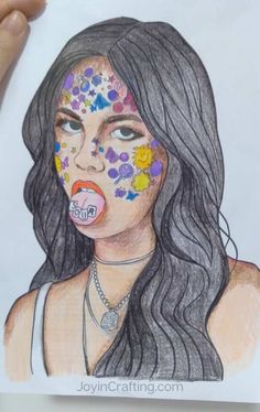 a drawing of a woman with flowers painted on her face and tongue sticking out to the side