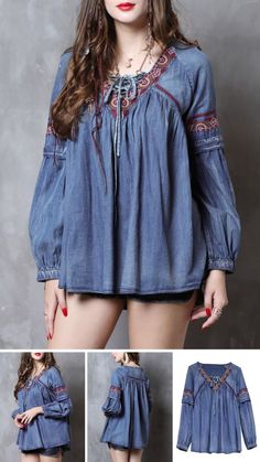 High End Denim Blouse! Fit for Women Who Loves Denim Blouse, Western Old School Style. Chic but Vintage Retro Outfit Matching Short Pant or Long Jeans, Boots. Cowgirl Outfits. Order it, You will Love at Great Low Prices with this Embroidery Floral Blouse. Denim Blue Long Sleeve Tops With Floral Embroidery, Embroidered Long Sleeve Denim Top For Spring, Bohemian Denim Blouse For Spring, Spring Bohemian Denim Blouse, Long Sleeve Denim Blue Top With Floral Embroidery, Medium Wash Long Sleeve Embroidered Denim Top, Medium Wash Floral Embroidery Top For Fall, Embroidered Long Sleeve Denim Top For Summer, Medium Wash Floral Embroidered Tops For Fall