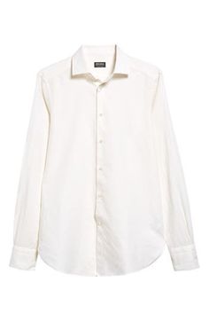 Presented in classic white, this long-sleeve button-up is crafted from a soft, breathable blend of cotton, linen and silk for year-round comfort. Front button closure Point collar Long sleeves with button cuffs 60% cotton, 25% linen, 15% silk Dry clean Made in Italy Men's Designer Clothing Mens White Button Up, White Cotton Dress Shirt For Work, White Cotton Dress Shirt For Office, White Cotton Dress Shirt With Fold-down Collar, Formal White Linen Shirt, Elegant White Linen Shirt, Classic Formal Linen Shirt, White Linen Formal Shirt, Classic Linen Formal Shirt