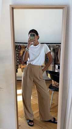 Minimalist Trousers Outfit, Vacation In France Outfits, Organic Modern Clothing Style, How To Style Khaki Trousers, Summer Slacks Outfit, Gen Z Work Fashion, Warm Weather Business Casual Women, Pants And Sneakers Outfit, Tan Trousers Outfit