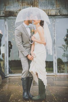 a bride and groom are standing under an umbrella in the rain outside their wedding venue