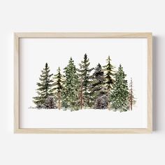 a watercolor painting of pine trees in the snow on a white wall above a wooden frame