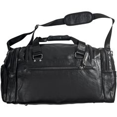 a black leather duffel bag on a white background