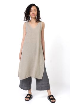 Linen Top - maxi tank reverses front-to-back with a v neck and scoop neck on either side.  3.5 oz linen.  soft a-line to hem, with waist-high side slits.  flattering center seam.  gently machine or hand wash cold water, hang to dry.  tumble on low heat if desired. Chic Linen V-neck Tank Top, Linen Dress With Side Slits, Sleeveless Linen Dress With Side Slits, Spring Linen Dress With Side Slits, Linen Top, Mid Calf, Fabric Care, Scoop Neck, Fashion Inspo Outfits