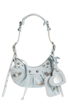 Balenciaga reimagines an '00s style with this hemispherical shoulder bag crafted from faded-wash distressed denim and detailed with textured hardware. A tasseled zipper pull, heart-shaped mirror bag charm and zip pouch complete the look with signature flair. Top zip closure Adjustable shoulder strap Removable mirror and zip pouch Textile Made in Italy Designer Handbags Mirror Bag, 00s Style, Cute Shoulder Bag, Denim Shoulder Bag, Luxury Bags Collection, Shaped Mirror, Denim Shoulder Bags, Bag Obsession, Girly Bags