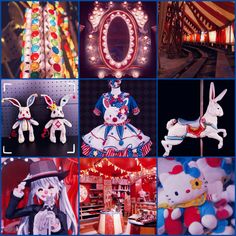 many different pictures of stuffed animals and lights in an amusement park, including carousels