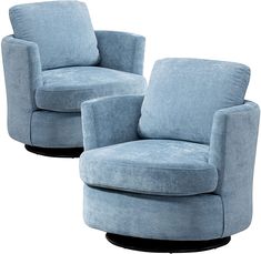 two blue swivel chairs sitting next to each other on top of a white background