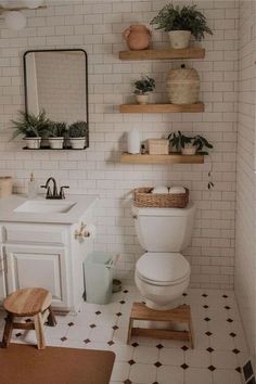 a white toilet sitting in a bathroom next to a sink and wooden shelves with potted plants