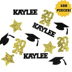 some graduation caps and stars are in the shape of letters that say,'100 pieces '