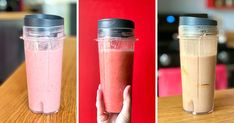 three different views of a smoothie in a cup, and the same one is empty