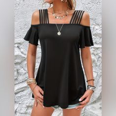 Features: Basic Style Sheer: Opaque Stretch: Slightly Stretchy Material Composition: 100% Polyester Care Instructions: Machine Wash Cold. Tumble Dry Low. Imported Product Measurements: Sfront Length 27.5 In, Bust 33.9 In, Sleeve Length 4.5 In Mfront Length 28.1 In, Bust 35.5 In, Sleeve Length 4.7 In Lfront Length 28.7 In, Bust 37.8 In, Sleeve Length 4.9 In Xlfront Length 29.3 In, Bust 40.2 In, Sleeve Length 5.1 In 2xlfront Length 29.8 In, Bust 42.5 In, Sleeve Length 5.3 In **Expect 5-10 Business Off Shoulder T Shirt, Cold Shoulder Styles, Black Off Shoulder, Leisure Fashion, Graduation Outfit, Womens Tops Summer, Edgy Look, Cold Shoulder Top, Ruffle Sleeves