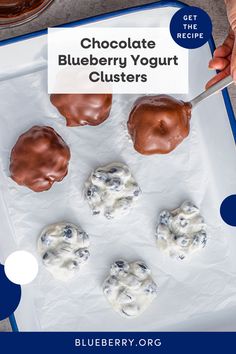 chocolate blueberry yogurt clusters on a baking sheet with text overlay that reads, chocolate blueberry yogurt clusters