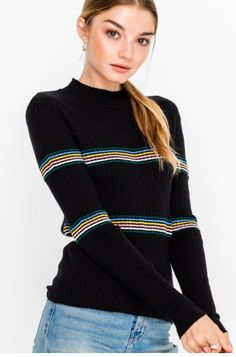 Black  Ribbed Mock Neck Long Sleeve Top Fitted Tops With Vertical Stripes For Fall, Fitted Vertical Stripes Top For Fall, Trendy Vertical Stripes Tops For Fall, Stretch Striped Ribbed Sweater, Fall Black Sweater With Striped Collar, Boho Clothing Brands, Black Mock Neck Top, Hippie Chic Fashion, Black Mock Neck