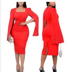 Pearls Long Sleeve Midi Squared Neck Red Pleated Size M Elegant Red Asymmetrical Midi Dress, Formal Red Midi Dress, Elegant Red Mid-length Dress, Chic Red Midi Dress For Work, Red Knee-length Midi Dress For Date Night, Red Linen Midi Dress, Red Midi Dress For Date Night, Knee-length, Chic Red Mid-length Dress, Elegant Red Midi Dress For Date Night