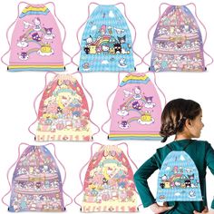 children's backpacks with cartoon characters on the front and back, all in different colors