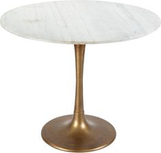 a white marble top table with gold metal base and an oval shaped base, on a white background