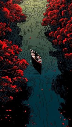 a boat floating on top of a river surrounded by trees and red flowers in the water