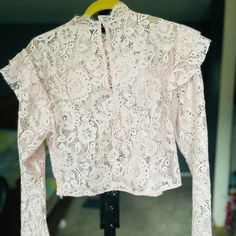 The Adorable Baby Pink In Soft Lace. Never Worn. Chic Pink Blouse With Lace Trim, Pink Lace Trim Top For Spring, Pink Feminine Lace Top, Chic Pink Fitted Lace Top, Chic Fitted Pink Lace Top, Feminine Pink Lace Top, Pink Feminine Tops With Lace Trim, Pink Long Sleeve Lace Top Blouse, Pink Long Sleeve Lace Top For Spring