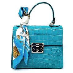 Aqua Color, Hardware Color Gold Leather Hand Bag With Shoulder Strap And Silk Scarf. Length = 10" Width = 4.5" Height = 12" Trendy Blue Box Bag For Formal Occasions, Designer Blue Box Bag, Designer Blue Square Bags, Blue Luxury Evening Bag With Detachable Handle, Luxury Blue Evening Bag With Detachable Handle, Elegant Blue Square Satchel, Blue Rectangular Shoulder Bag With Crocodile Pattern, Designer Blue Square Satchel, Blue Square Bag For Formal Occasions