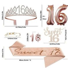 the sweet sixteen tiara is shown with balloons and other items to make it special