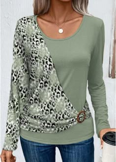 Color:Sage Green;Size:S;Size:M;Size:L;Size:XL;Size:XXL;Package Contents:1 X T Shirt;Occasion:Casual;Style:Casual; Trendy Green Top With Splicing Detail, Trendy Green Spliced Top, Green Spliced Tops For Spring, Green Crew Neck T-shirt With Splicing, Fall T-shirt With Splicing Detail, Long Sleeve Spliced T-shirt For Fall, Fashion Work Outfit, Leopard Black, Hippie Style Clothing