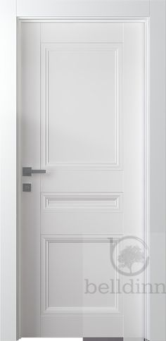 a white door with a metal handle on it's left side and the right side is open