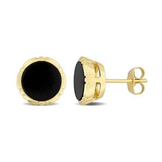 These sophisticated men's button stud earrings are a classic look he'll appreciate. Created in 14K gold. Each earring features an 8.0mm black onyx center stone. The notched frames add depth and dimension. The post earrings secure with friction backs. Classic Yellow Gold Earrings With Black Enamel, Classic Black Enamel Earrings For Anniversary, Classic Black Enamel Earrings For Formal Occasion, Classic Black Earrings With Polished Finish, Formal 14k Gold Earrings With Black Enamel, Black 14k Gold Earrings With Polished Finish, 14k Gold Black Earrings With Polished Finish, Peoples Jewellers, Onyx Stone