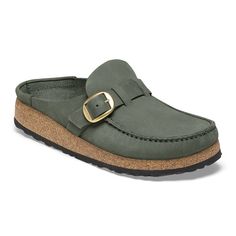 Buckley Nubuck Leather Thyme | BIRKENSTOCK Birkenstock Buckley, Birkenstock Styles, Moccasins Style, Suede Fashion, Strap Wedge, Foot Bed, Shoe Insoles, Girls Sandals, Leather Clogs