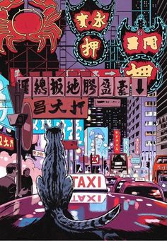 a cat sitting on the hood of a car in front of neon signs and buildings