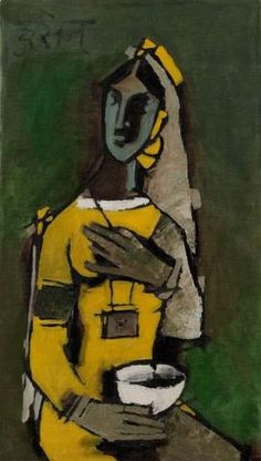 a painting of a woman in yellow holding a cup and saucer, with green background