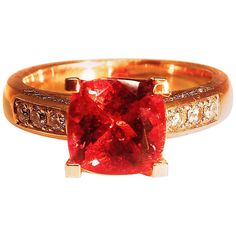 Thomas Leyser is renowned for his contemporary jewellery designs utilizing fine coloured gemstones and diamonds. This ring in 18k rose gold is set with a 1x fine Mandarin Garnet (facetted, cushion, 8.5mm, 3.63ct) + 26x Diamonds (brilliant-cut, G/VS, 0.32ct). Ringsize: 7 (54) Sapphire Cocktail Ring, Fine Engagement Rings, Garnet And Diamond Ring, Contemporary Jewelry Design, Diamond Cocktail Rings, Garnet Ring, Rose Gold Jewelry, Creative Jewelry, Contemporary Jewellery